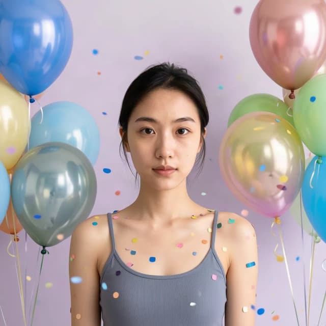 The same woman in a birthday photo surrounded by balloons and confetti, made with CreArt's free AI birthday photoshoot