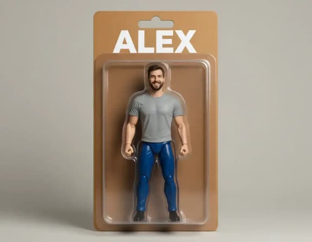 The same man turned into an action figure in a blister pack with CreArt's free AI action figure generator