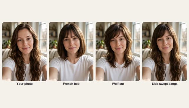 A woman with long wavy brown hair and the same woman with a French bob, a wolf cut and side-swept bangs