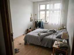 Kleines, bewohntes Schlafzimmer mit ungemachtem Bett und Kleiderstange, vor der Neugestaltung