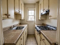 Narrow galley kitchen with dated cream cabinets, before redesign