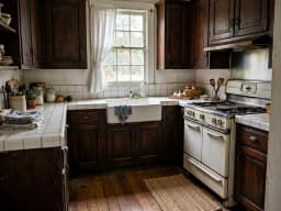 Dated farmhouse kitchen with dark cabinets and tile countertops, before redesign