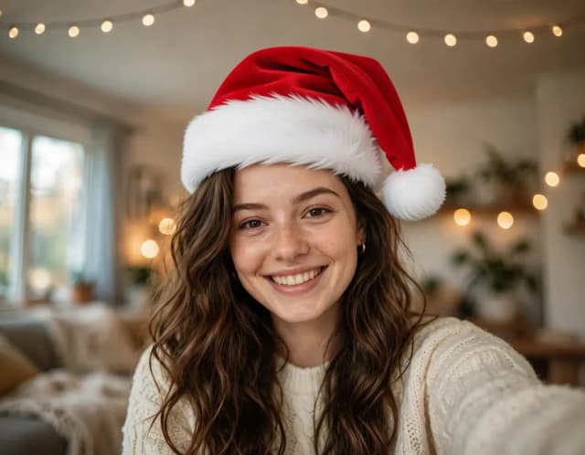 The same woman wearing a classic red Santa hat, after adding the Christmas hat with AI