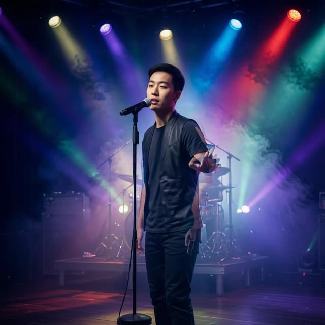 The same man in a stage photo singing into a microphone under colored spotlights, made with CreArt's free AI musician photoshoot