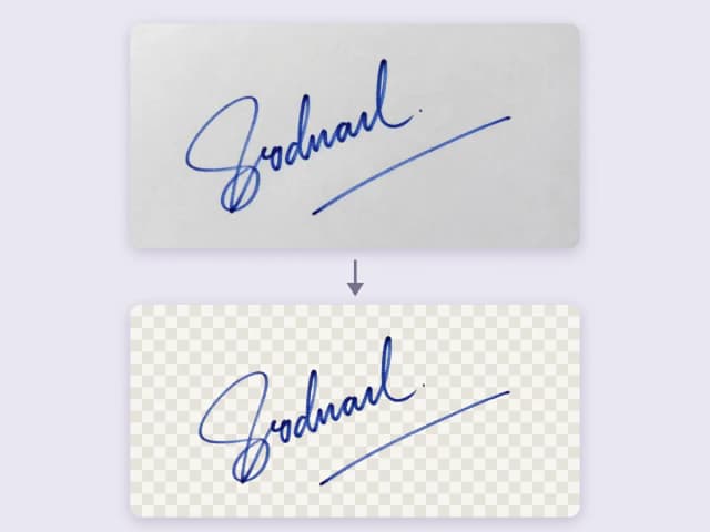 A photo of a signature in blue ink on paper and the same signature with a transparent background