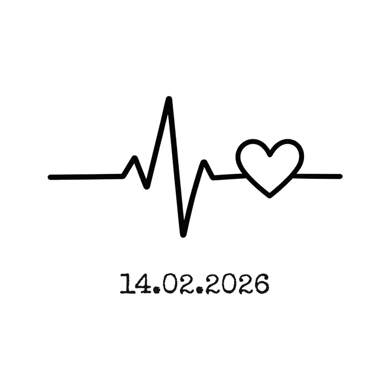 Minimalist tattoo design of a heartbeat line ending in a heart, with the date 14.02.2026 underneath