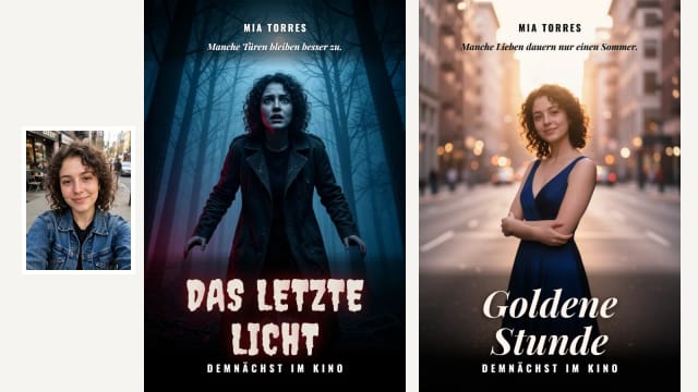 Ein Selfie einer Frau, verwandelt in ein Horror-Filmplakat und in ein romantisches Filmplakat