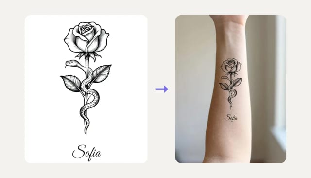 A fine line rose and snake tattoo with the name Sofia, and the same design on a forearm