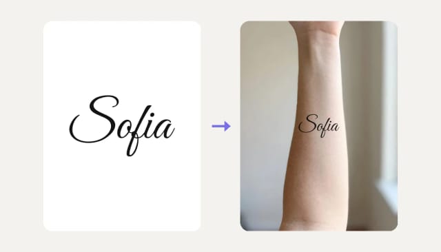 The name Sofia in a script tattoo font, and the same lettering on a forearm