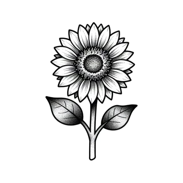 Dotwork tattoo design of a sunflower with a long stem and two leaves