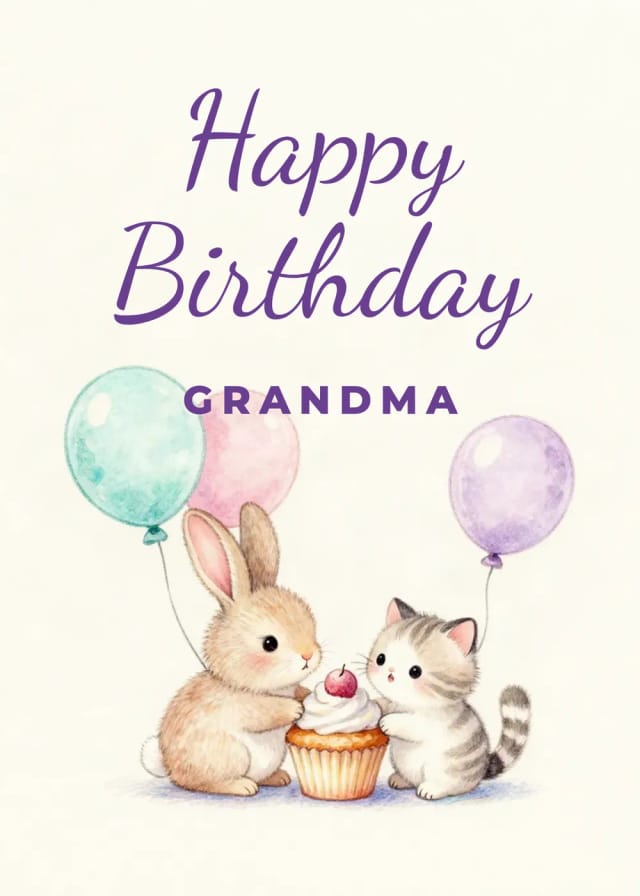 Birthday card for Grandma with a bunny and a kitten sharing a cupcake