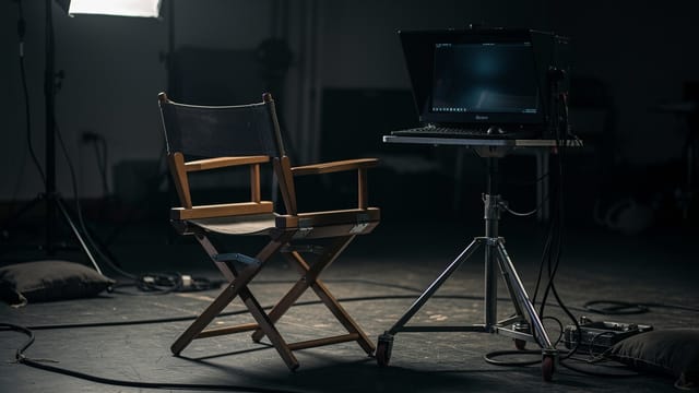 A director’s monitor and chair on a quiet set