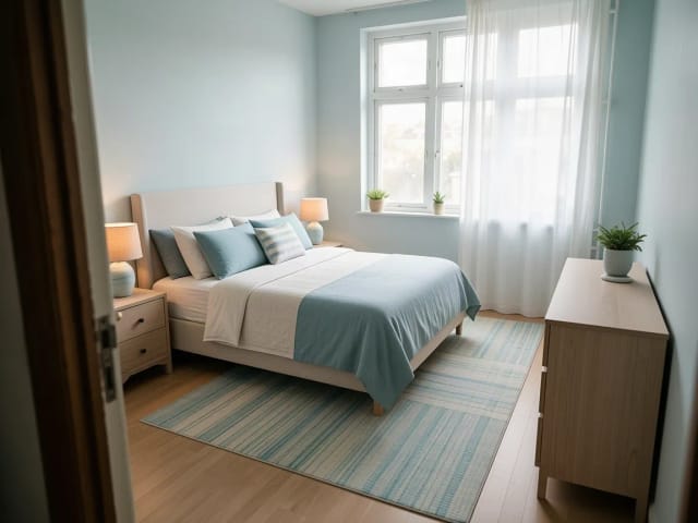 Ein kleines Schlafzimmer, neu gestaltet im maritimen Stil, mit zartblauen Wänden und weißer Bettwäsche