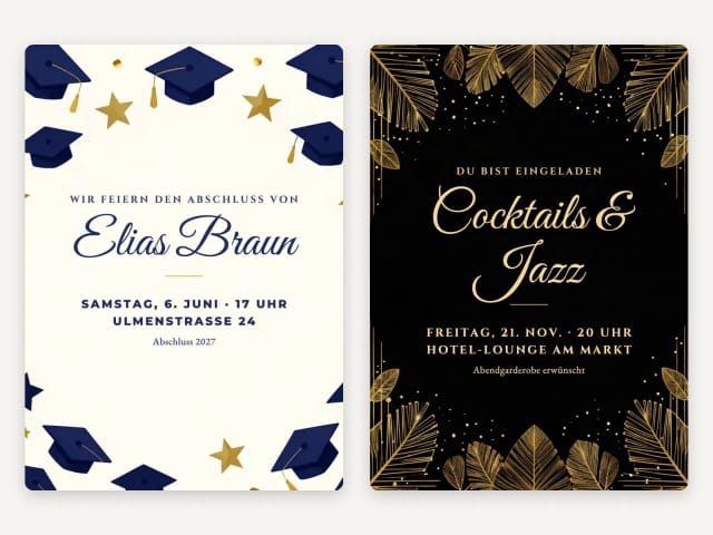 Eine Einladung zur Abschlussfeier und eine Einladung zur Cocktailparty in Schwarz und Gold, mit ihrem Text
