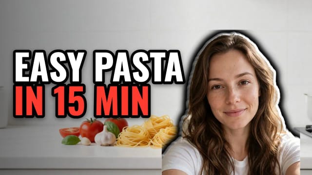 A tutorial thumbnail with the title Easy pasta in 15 min, a woman’s face and pasta ingredients on a white counter