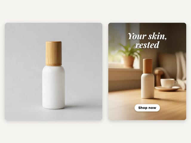 A product photo of a plain white bottle next to an ad made from it, with the bottle on a table at home