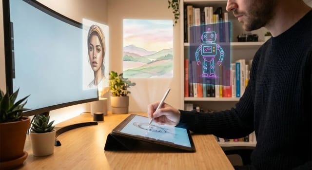Creative professional using AI workspace with multiple style outputs