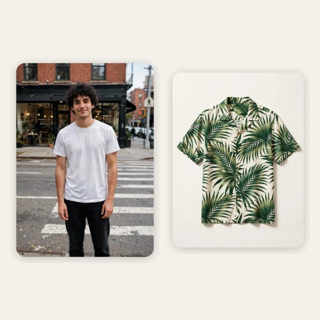 A photo of a man next to the product photo of a palm print shirt