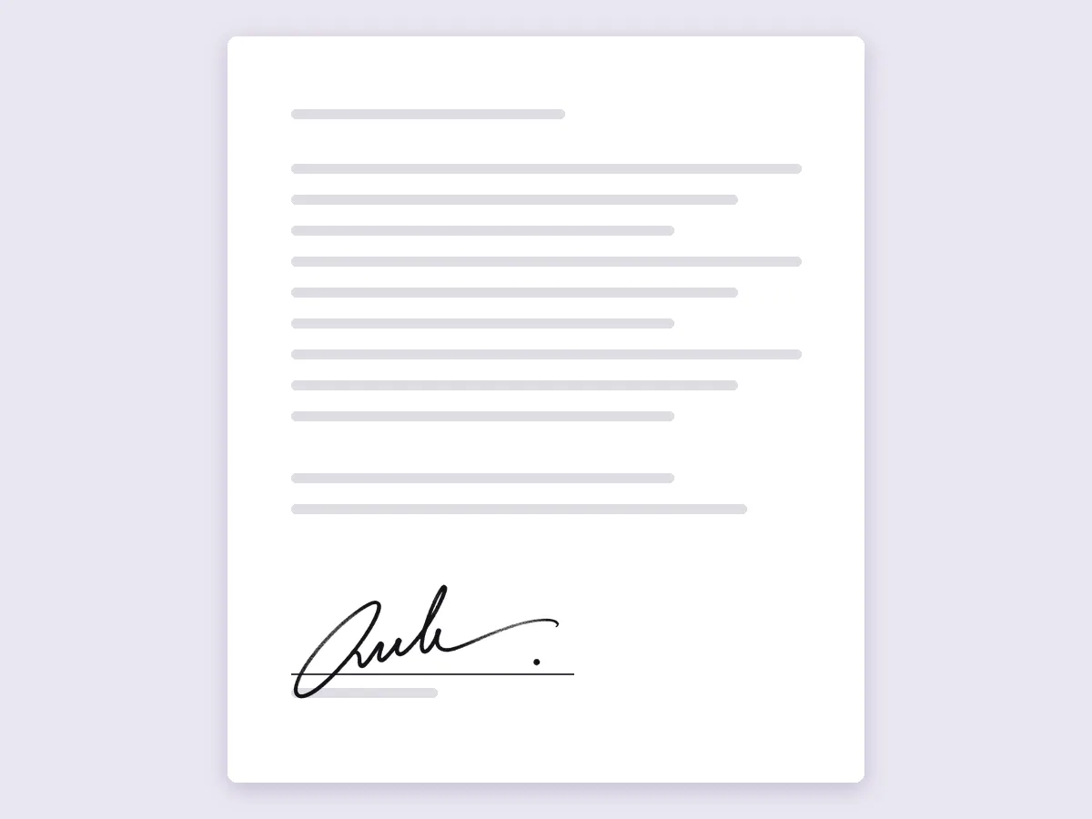 A document page with a signature placed over the signature line, with the line visible under the ink