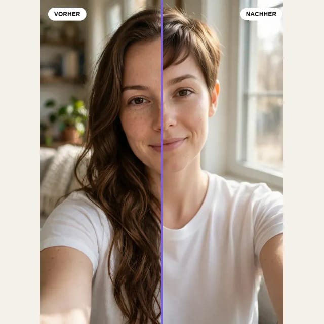 Vorher und nachher: eine Frau mit langen, welligen Haaren und dasselbe Selfie mit Pixie Cut