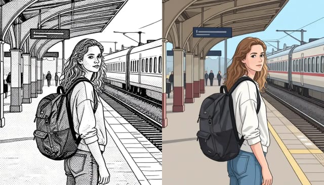The same photo as a black and white manga panel and as a webtoon illustration