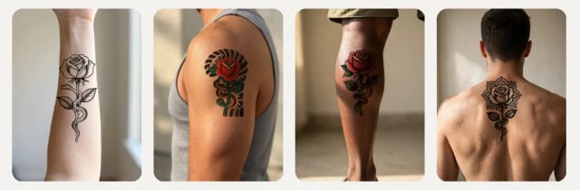 Four tattoo styles tried on four placements: forearm, shoulder, calf and back