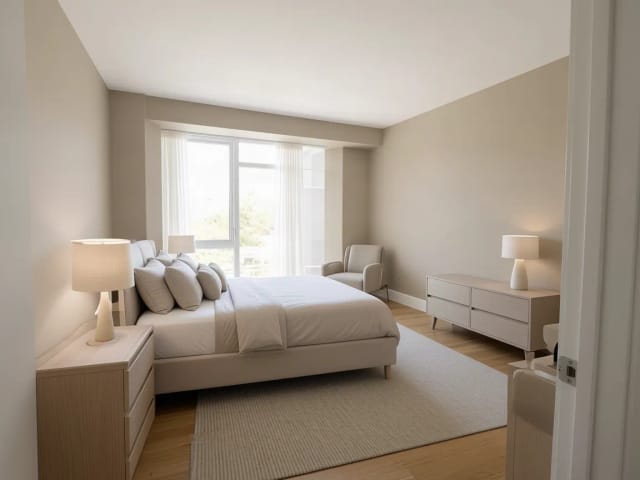 Ein leeres Schlafzimmer, neu gestaltet in einer warmen Greige-Palette