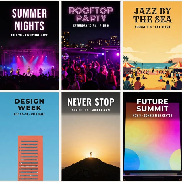 Six event posters made with AI: a summer concert, a rooftop party, a vintage jazz festival, a design week, a 10K race and a tech summit