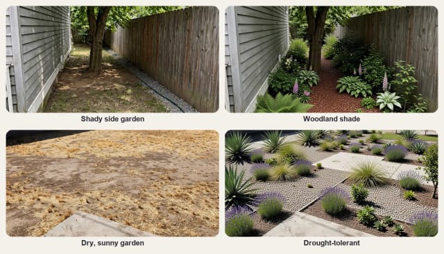 A shady garden planted as a woodland shade garden, and a dry, sunny garden planted with drought-tolerant plants