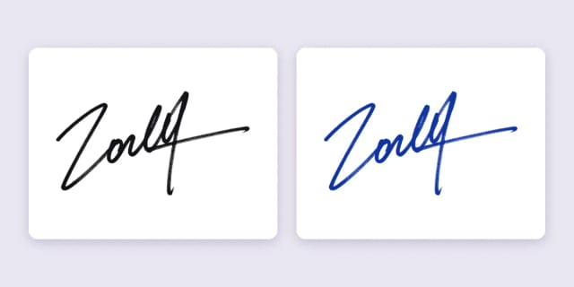 The same signature in solid black ink and in solid blue ink