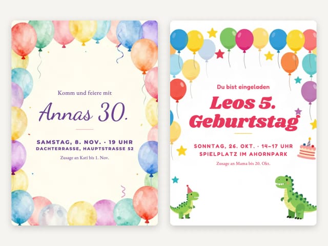 Eine Einladung zum 30. Geburtstag mit Luftballons neben einer Einladung zum Kindergeburtstag mit Dinosauriern