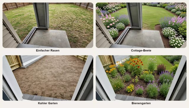 Ein einfacher Rasen vorher und nachher mit Cottage-Blumenbeeten, und ein kahler Garten vorher und nachher als Bienengarten