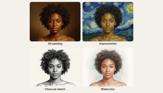 The same young woman as an oil painting, an impressionist painting, a charcoal sketch and a watercolor