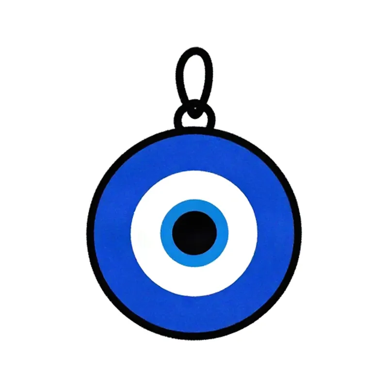 Minimalist tattoo design of a blue evil eye charm