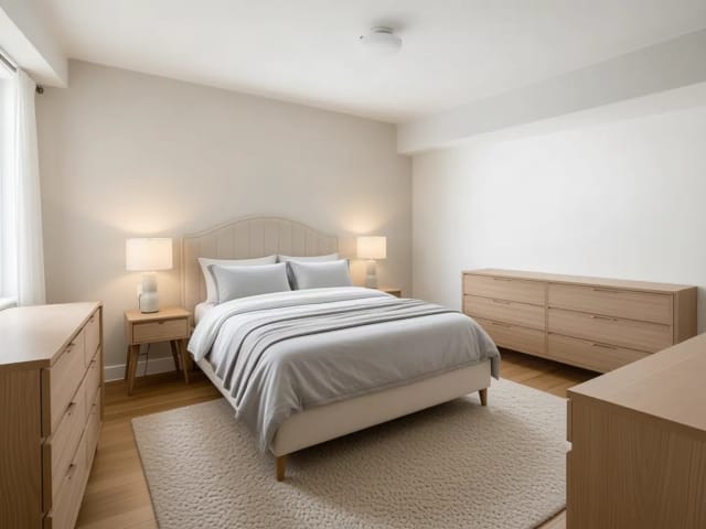Ein leeres Schlafzimmer, neu gestaltet mit einem geschwungenen, cremefarbenen Polsterkopfteil und Möbeln aus hellem Holz