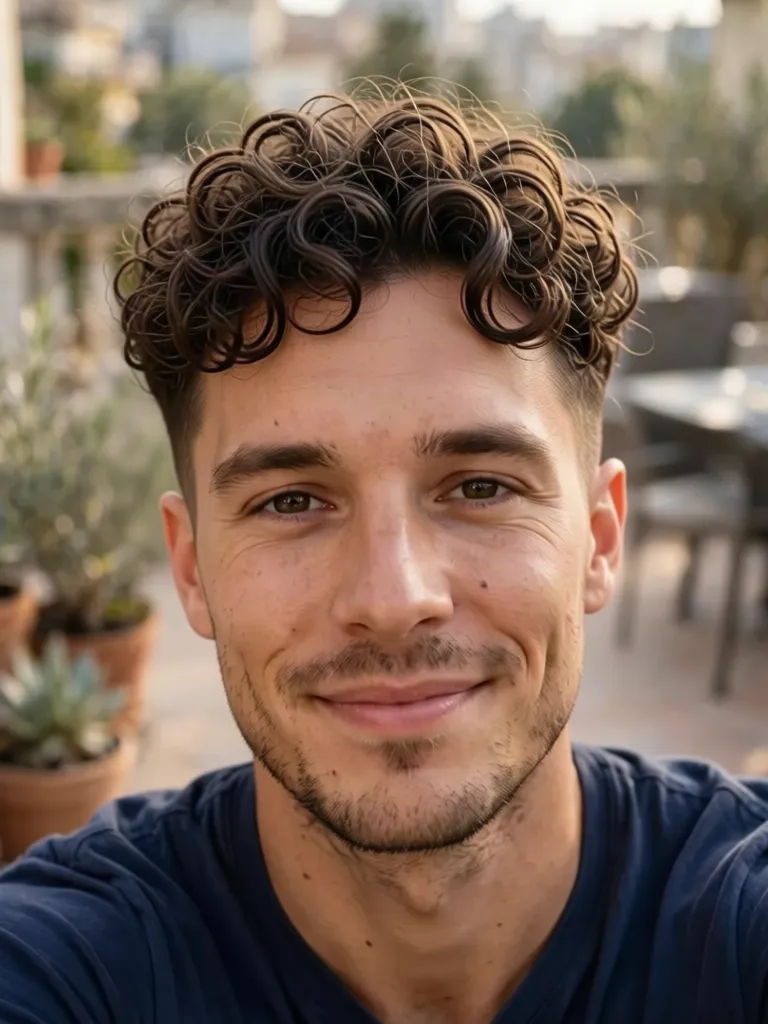 A man with wavy brown hair with a curly top, made with the AI hairstyle changer