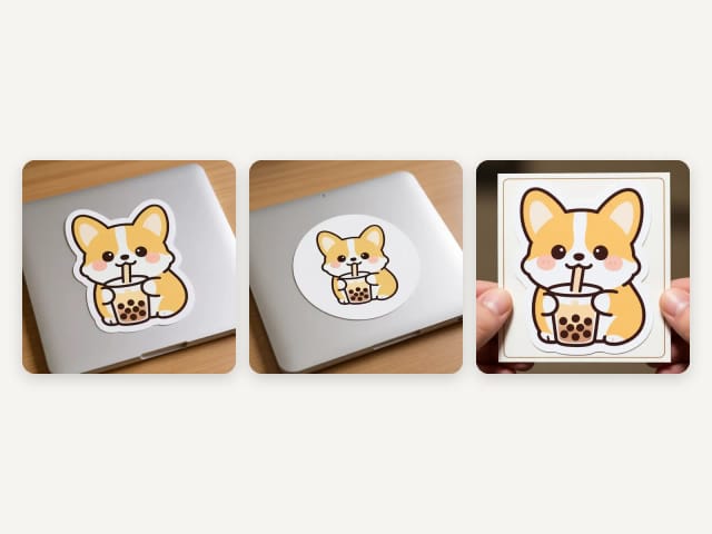 The same design as a die-cut sticker, a round sticker and a kiss-cut sticker on its backing