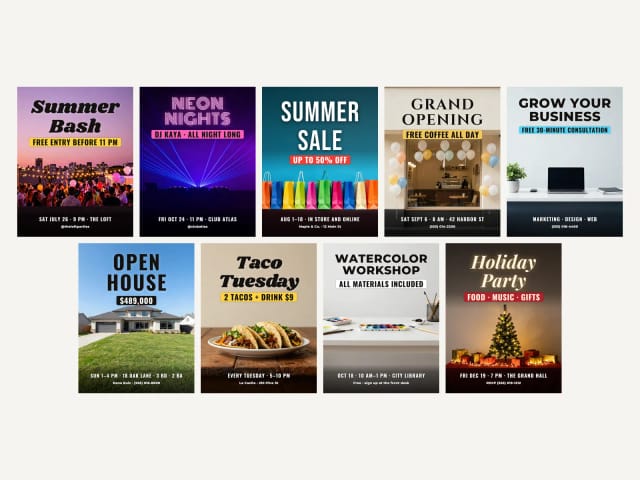 Nine AI flyers, one per type, from a party and a sale to an open house and a holiday party