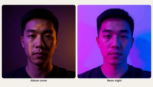 The same young man in an album cover style close-up and in neon light