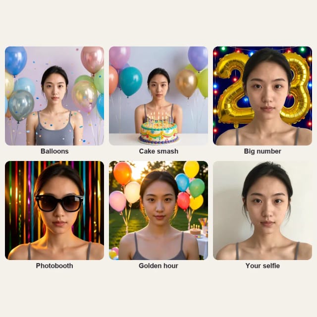 The same young woman in five birthday styles: Balloons, Cake smash, Big number, Photobooth and Golden hour