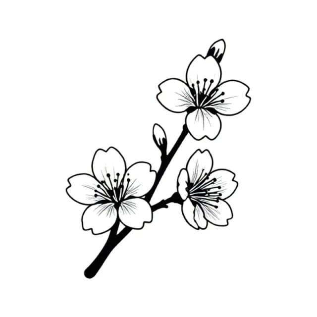 Fine line tattoo design of a cherry blossom branch with three flowers