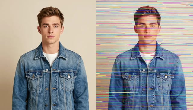 A young man in a denim jacket, and the same photo datamoshed