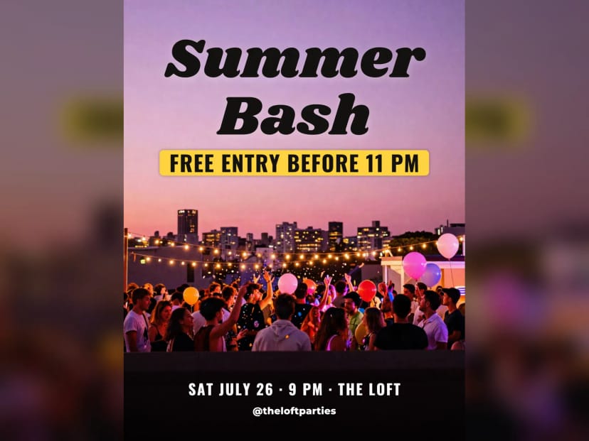 The same picture as a party flyer with the headline, offer, date and contact set on top
