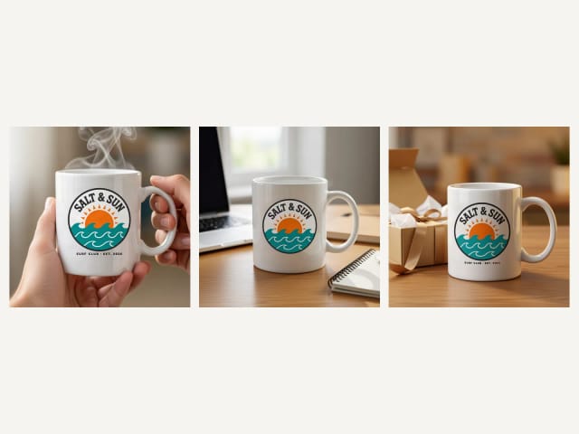 The same mug held in two hands, on a desk and as a gift
