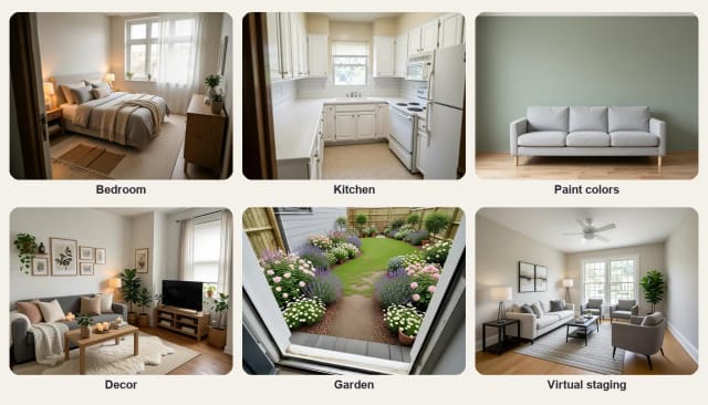 Results from the interior tools: a bedroom, a kitchen, a painted wall, a decorated living room, a garden and a staged listing photo