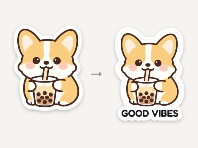 A kawaii corgi sticker, and the same sticker with the words GOOD VIBES set in bold letters under it
