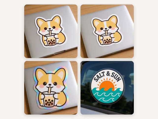 A sticker in glossy, matte and holographic vinyl, and a logo in clear vinyl on a car window