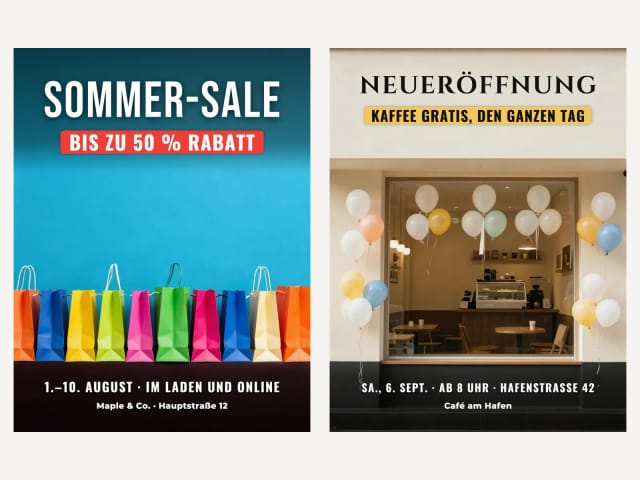 Sale-Flyer und Flyer zur Neueröffnung mit dem Angebot auf einem Farbband