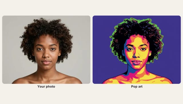 A photo of a young woman and the same woman as a pop art portrait in bold color blocks on a purple background