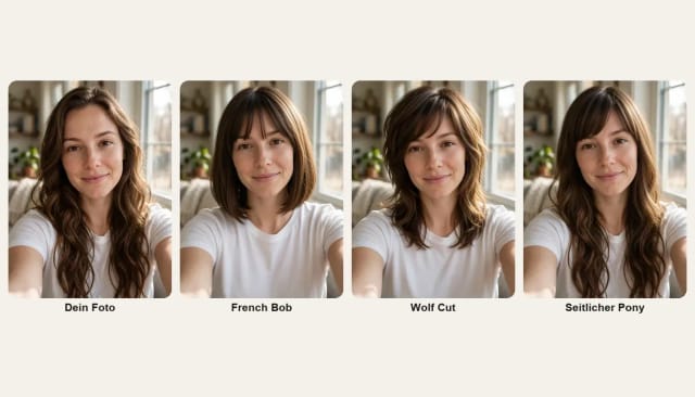 Eine Frau mit langen, welligen braunen Haaren und dieselbe Frau mit French Bob, Wolf Cut und seitlichem Pony